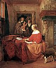 A Woman Seated at a Table and a Man Tuning a Violin by Gabriel Metsu
